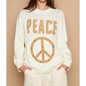 POL Cream Crewneck Sweater with Tan Studded PEACE and Peace Sign